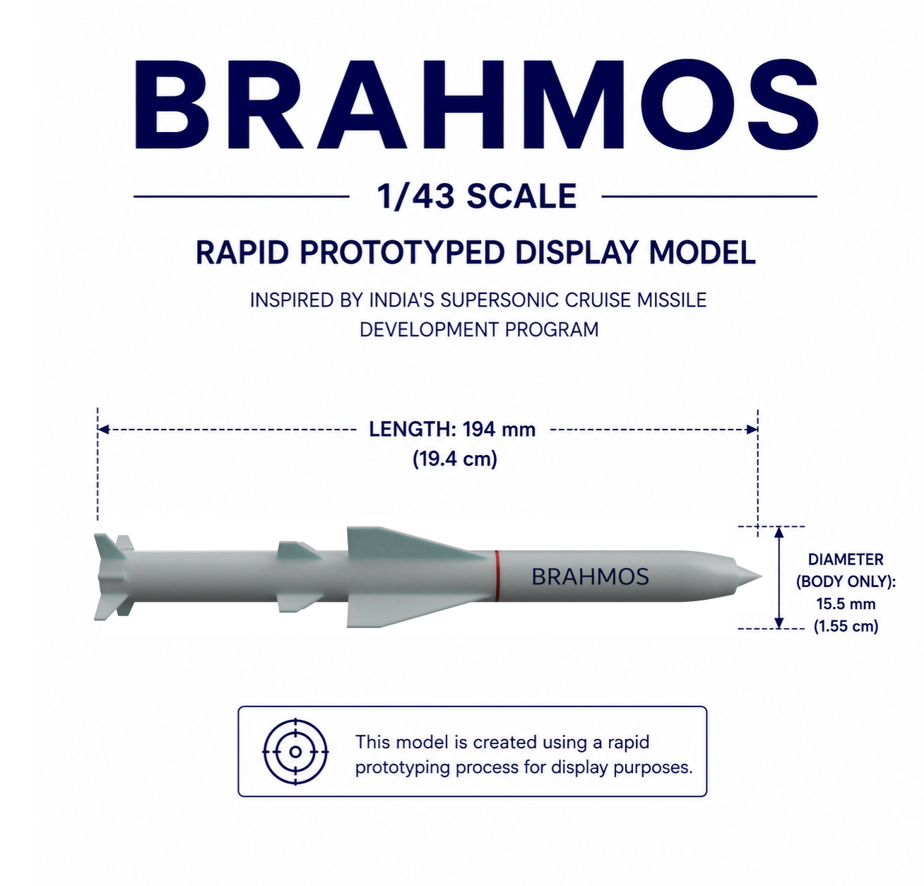 1/43 SCALE BRAHMOS Missile Display Model | Premium Rapid Prototyped Collector Replica