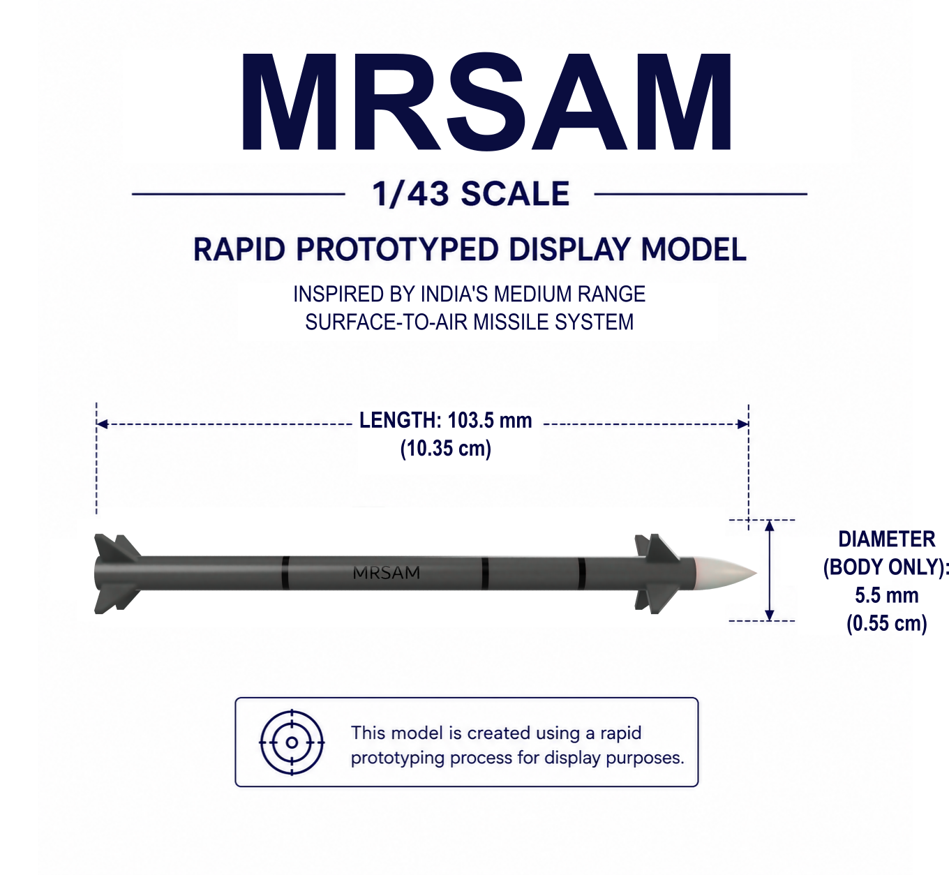 1/43 SCALE MRSAM Missile Display Model | Premium Rapid Prototyped Collector Replica